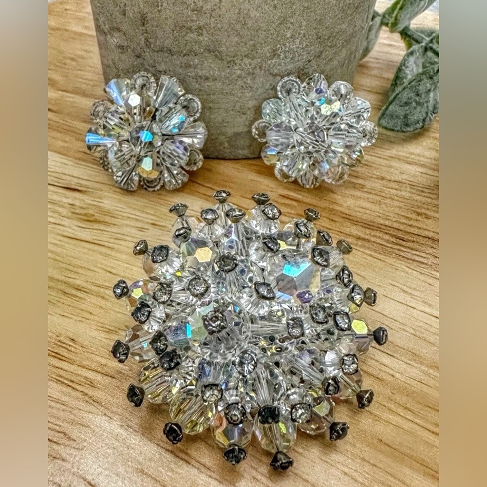 Vintage Sparkling Aurora Borealis AB Rhinestone Brooch & Clip-On Earring Set